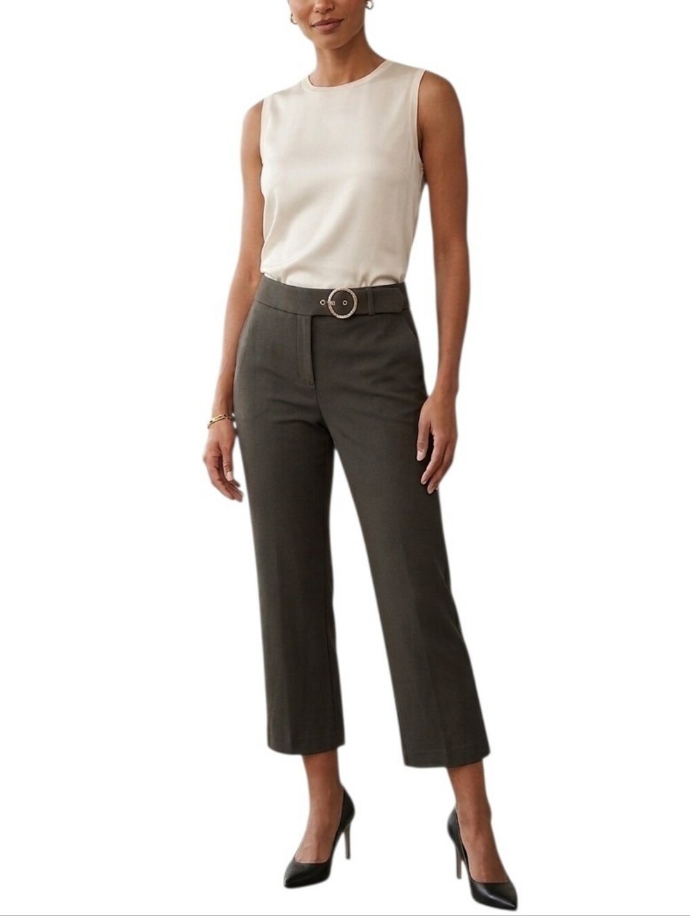 NWOT MICHAEL Michael Kors Olive Green Straight-Leg Belted Cropped Pant Womens 10